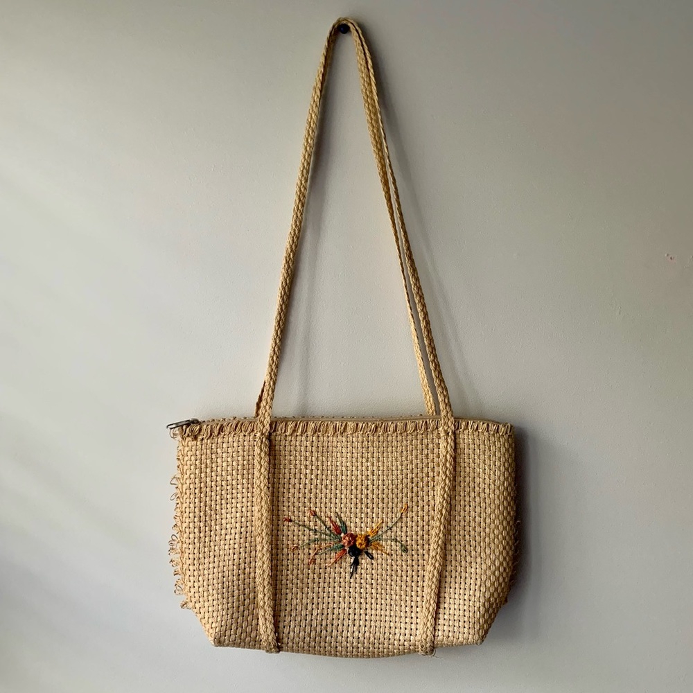 Vintage Woven Tote Bag with Flower Embroidery